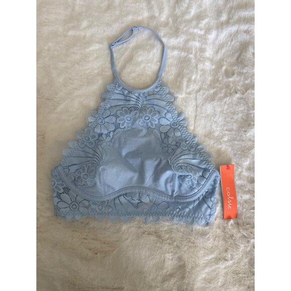 Colsie sz XS Blue High Neck Lace Bralette Bra Lace Overlay Halter Tank - Picture 2 of 7
